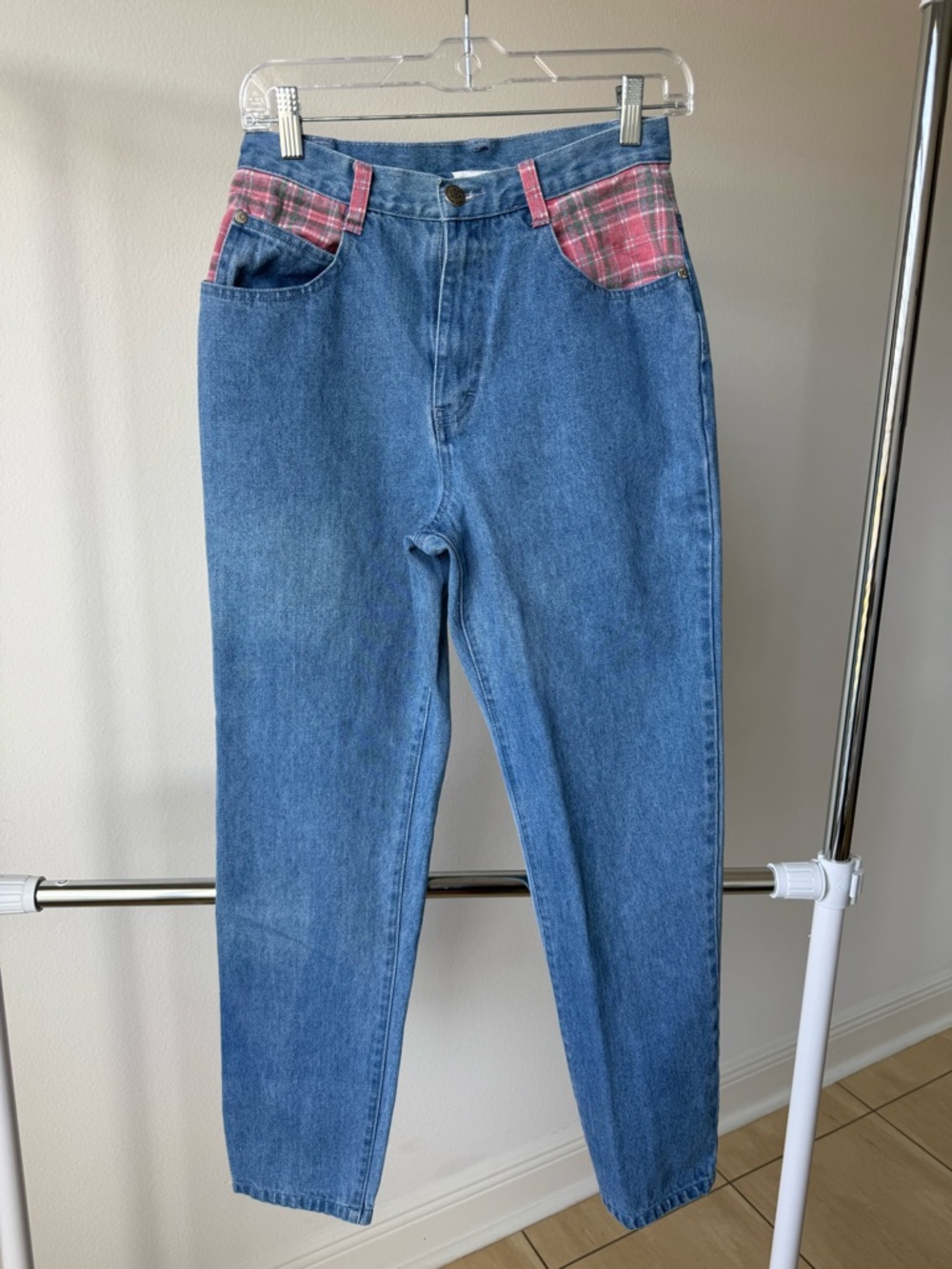 Vintage Light Wash Denim Jeans with Red Plaid